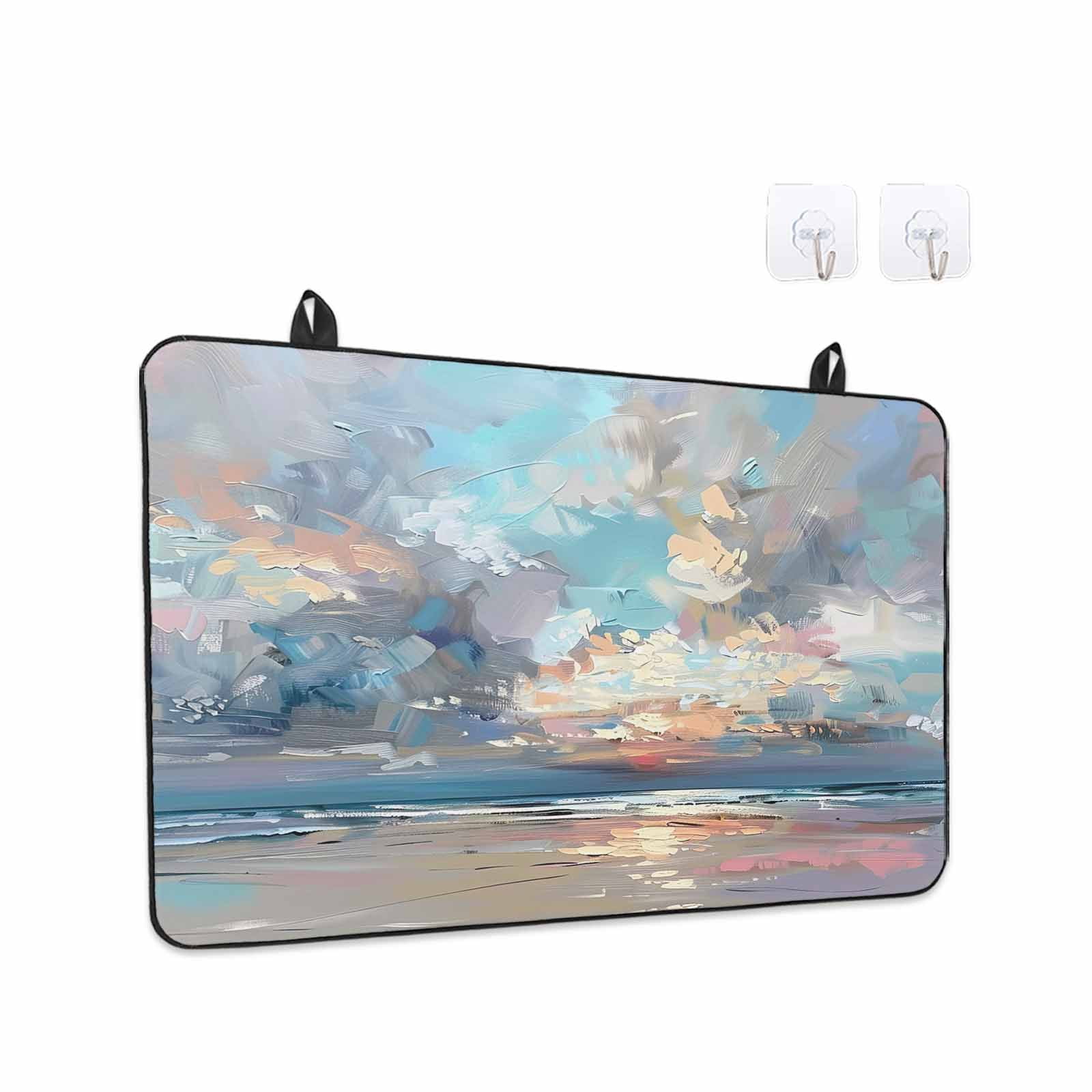 Blue Gray Coastal Stove Top Cover for Electric Stove, Heat-proof & Non Slip Glass Top Stove Cover Protector, Oil Painting Modern Abstract Art Kitchen Flat Cooktop Rubber Mat 24x21 Inches