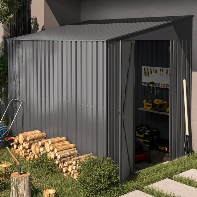YODOLLA 8' x 6' Outdoor Storage Side Shed Metal Attached Lean-To Shed with Lockable Door for Backyard in Dark Gray
