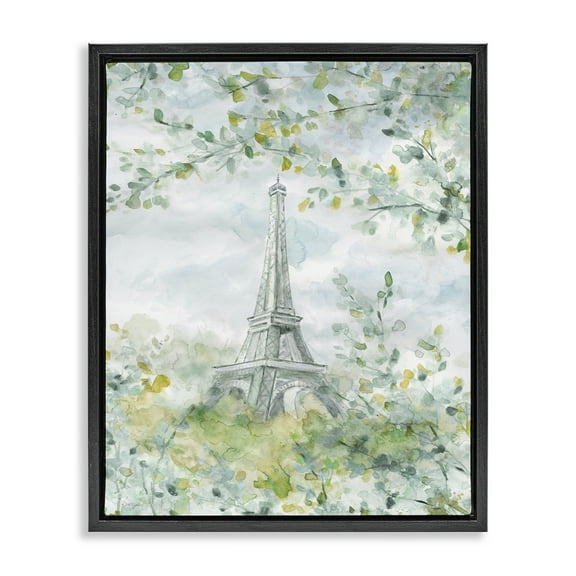 Stupell Industries Eiffel Tower Through Branches Plants & Flowers Painting Black Floater Framed Canvas Art Print Wall Art, 17 x 21