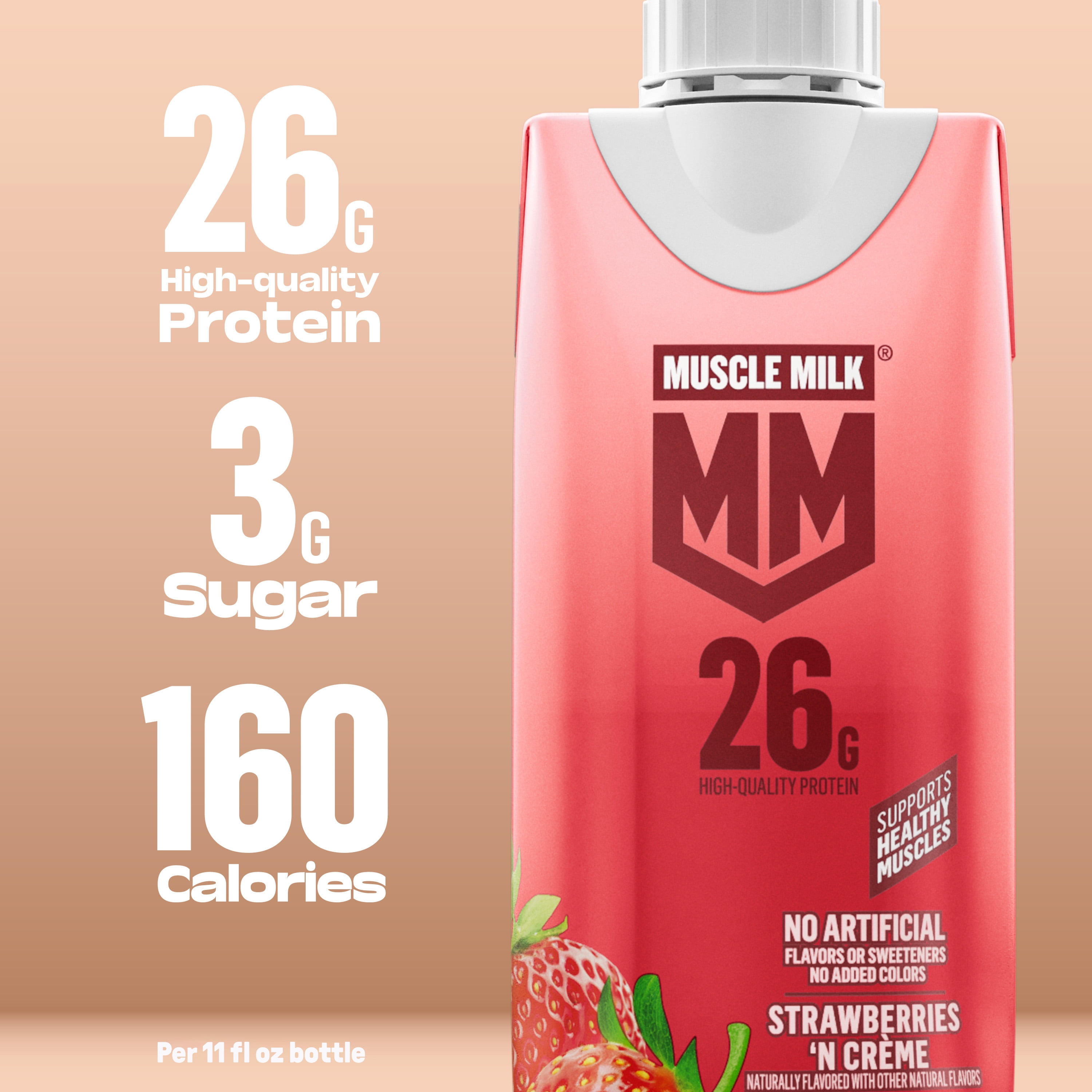 Muscle Milk 26g High Protein Shake, Strawberries N' Creme, Ultra- Filtered Milk  11 fl oz, 4 pack