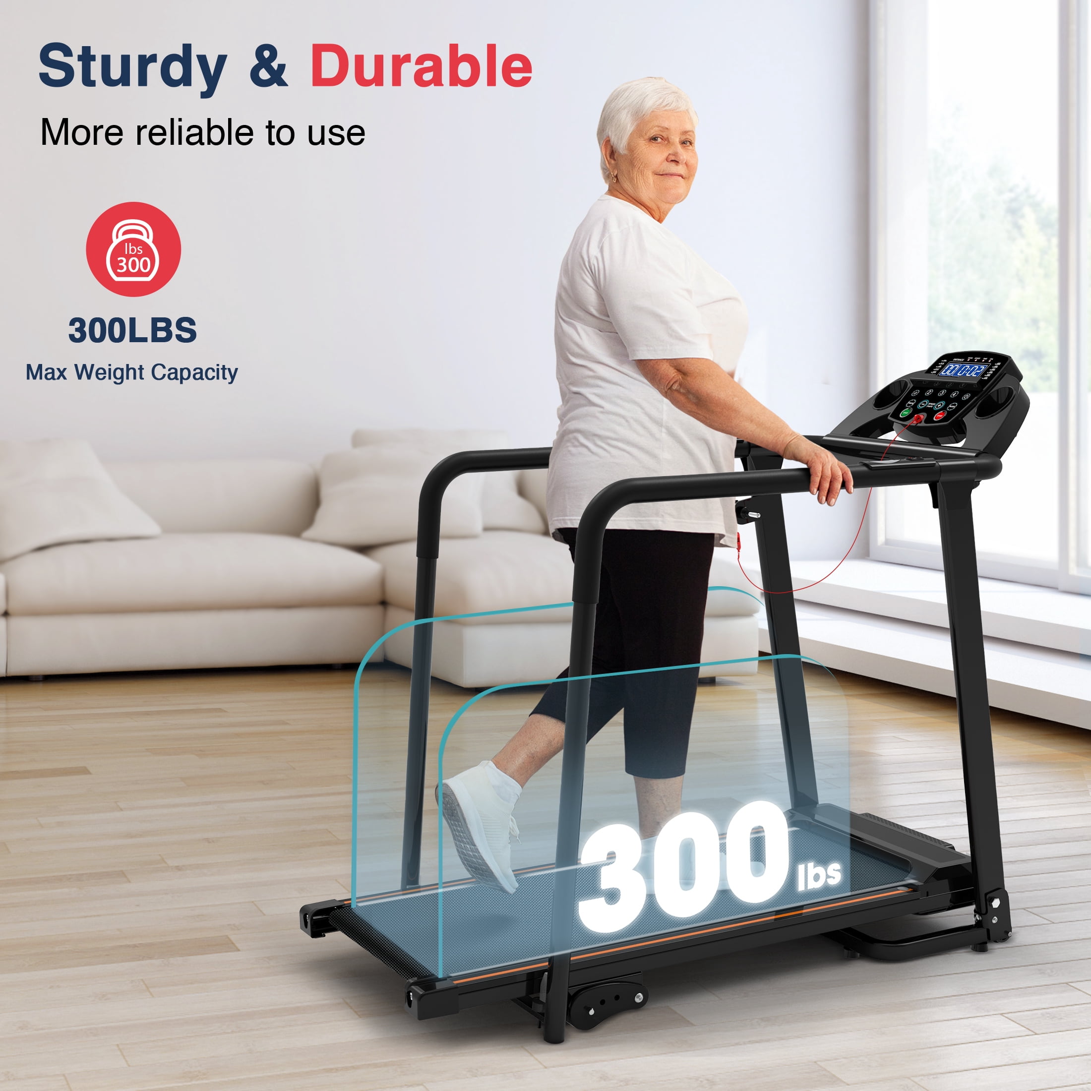 Hapycity Foldable Walking Treadmill for Seniors with Long Handrails & 0%-2% Incline, 300 lb Capacity for Home Recovery Fitness Exercise Machine