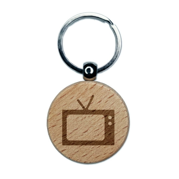 Vintage TV Television Silhouette Round Keychain Charm Tag - Engraved Wood