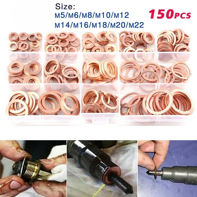 BTOER Ensemble de 150 Joints de Rondelle en Cuivre M5-M22 Kit d'Assortiment de Joints Plats Rondelles en Cuivre Ensemble de Joints pour Carter d'Huile