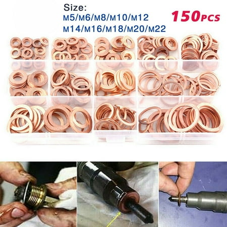 

150PCS M5-M22 Copper Crush Washer Gasket Set Flat Ring Seal Assortment Kit