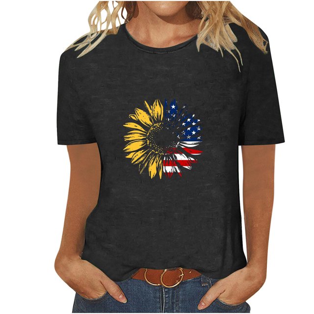 Tops Cortos para Mujeres Día de la Independencia Patriótica Impreso Cuello Redondo, Camiseta de Manga Corta Casual para la Primavera, Verano Y Fiesta