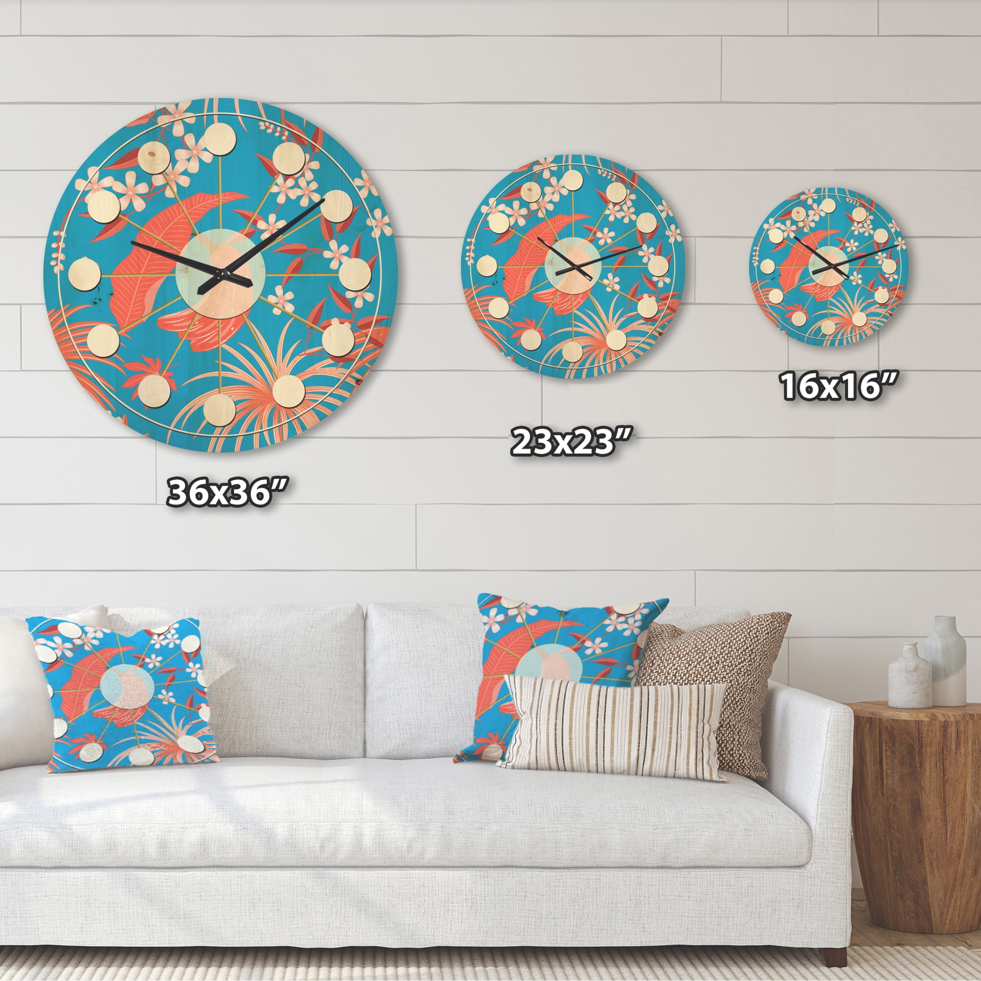 Designart 'Retro Tropical Foliage Coral II' Mid-Century Modern Wood Wall Clock