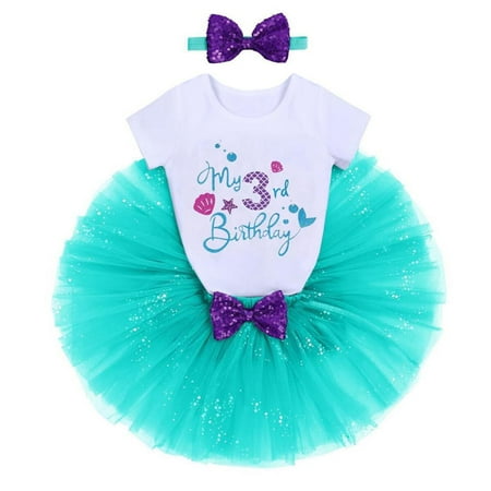 

IBTOM CASTLE Toddler Girls Mermaid 1st/2nd/3rd Birthday Cake Smash Outfit Princess Romper + Tutu Skirt + Shiny Bowknot Headband Leisure Clothes Set 3-Piece