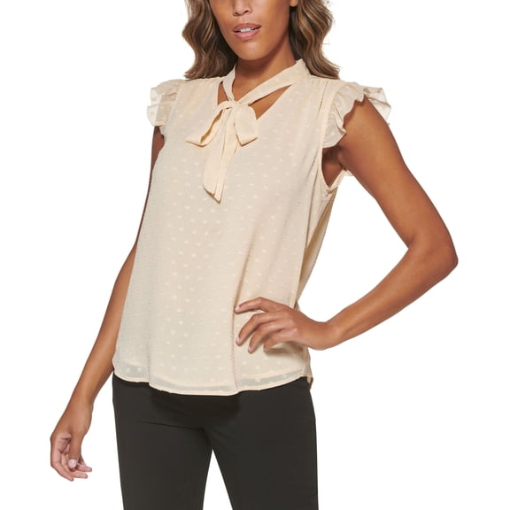 Calvin Klein Petite Ruffled Tie-Neck Top Sand PL