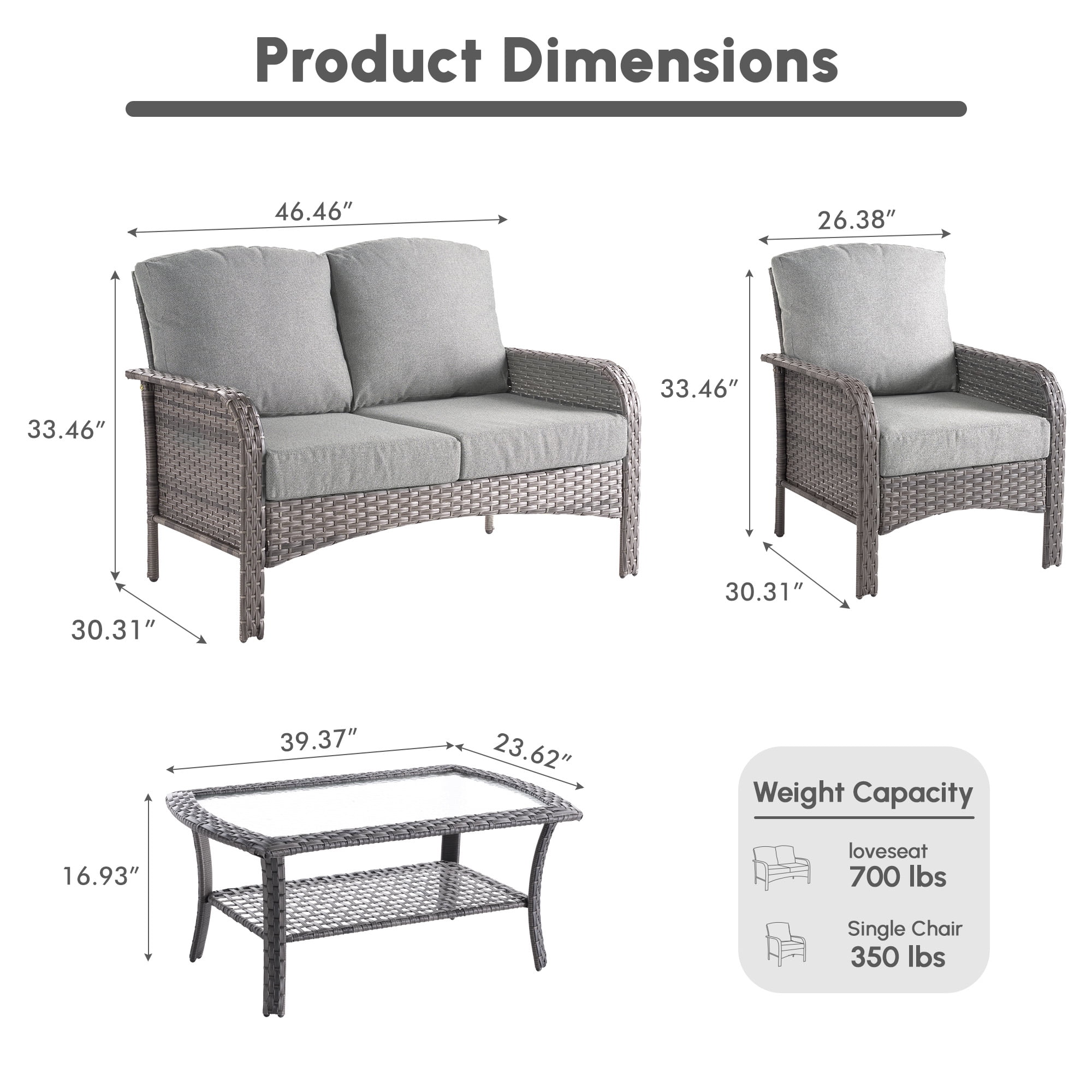 Ovios 4 Pieces Wicker Outdoor Patio Furniture with Coffee Table High Back All Weather Rattan Outdoor Sectional Conversation Set for Backyard Porch Garden, Dark Gray
