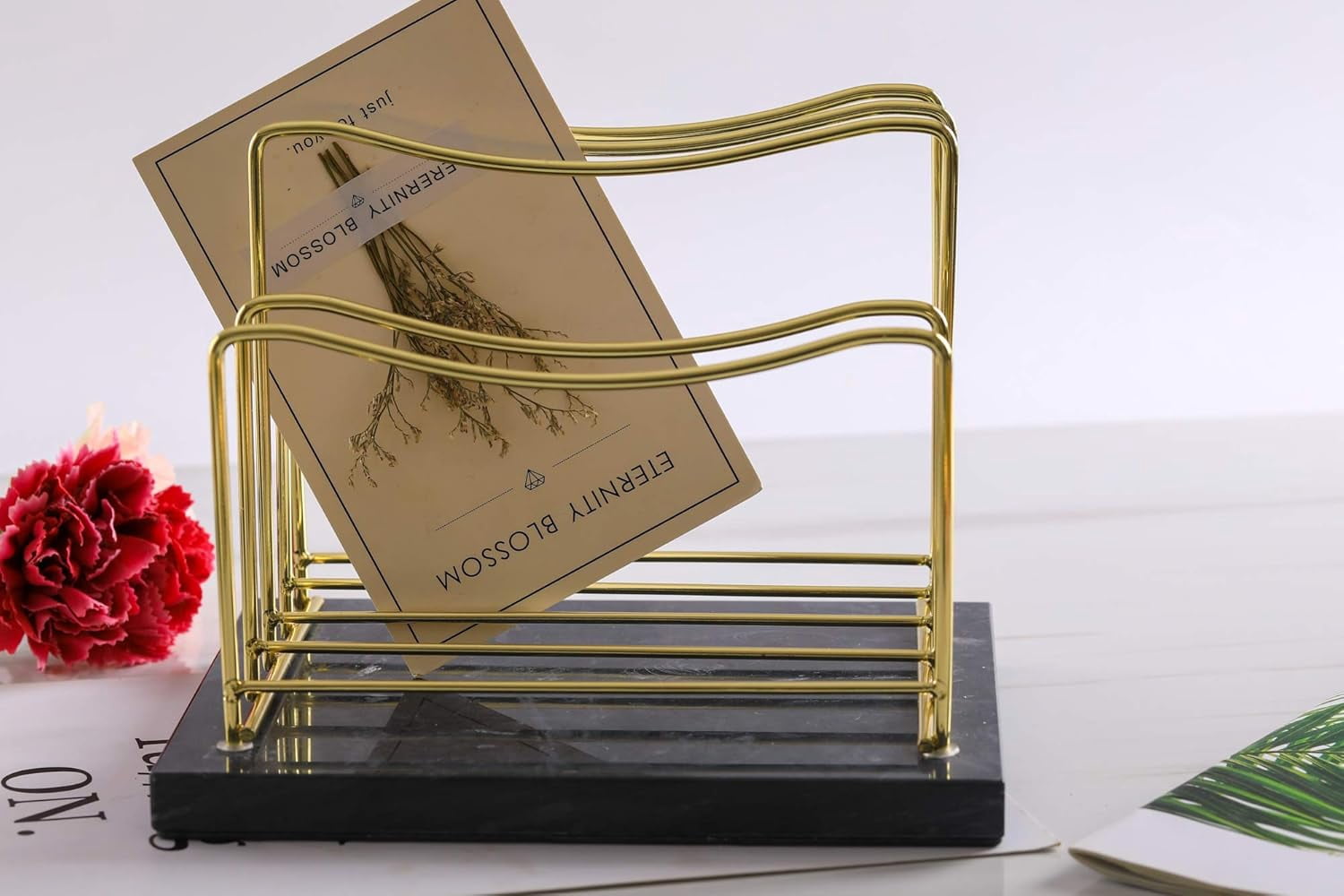 Real Marble File Holder - Marble Desk Accessories - Modern Marble Mail Organizer - Gold Mail Holder & Letter Tray (Black + Gold)