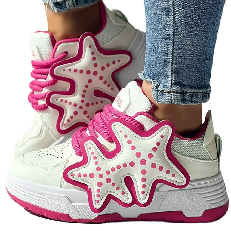 ZIZOCWA Women Cute Running Shoes 2024 Spring Pu Leather Lace Up Platform Sneakers for Teen Girls Star Thick Bottom Walking Sports Shoes Pink Size7 Walmart