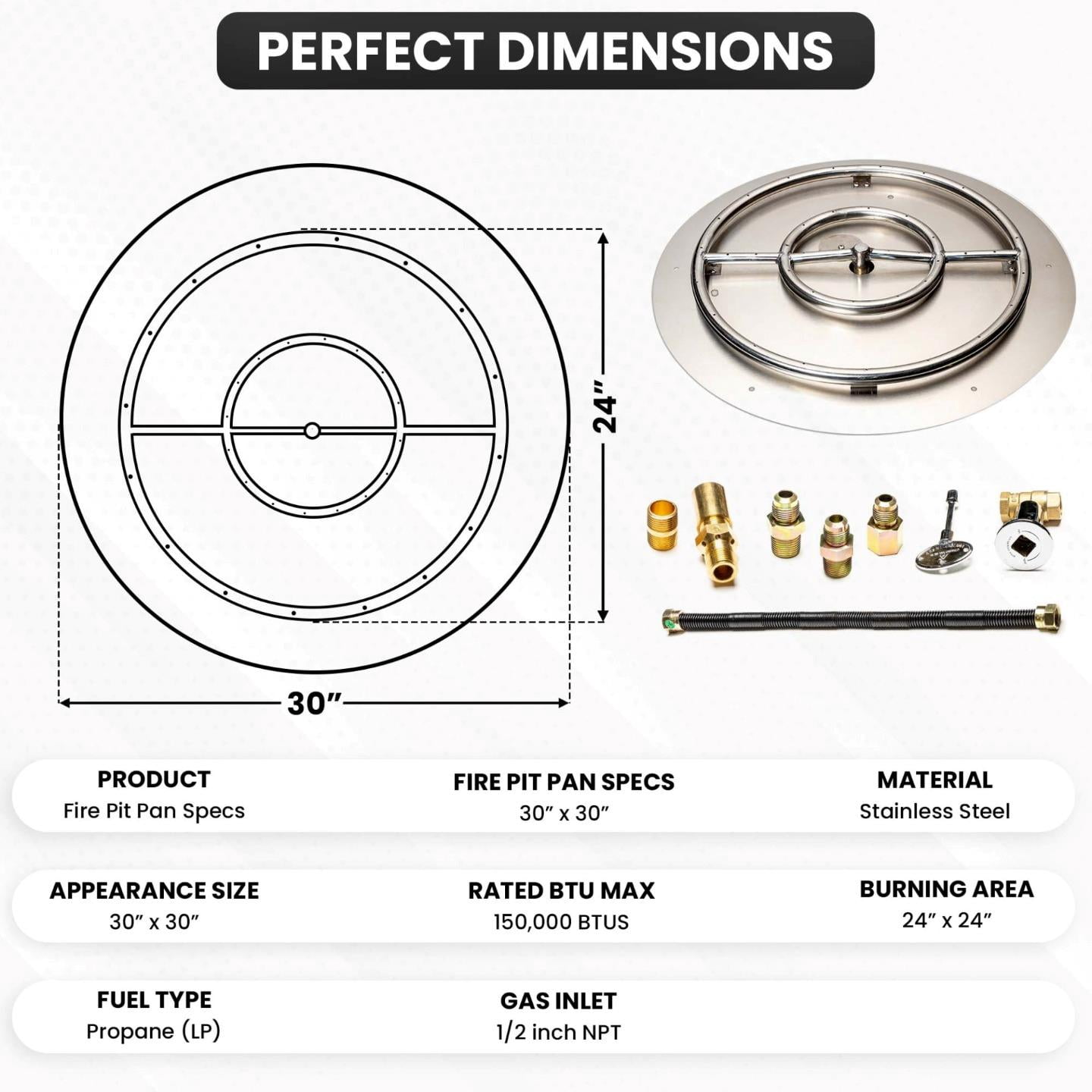 Dreffco Fire Pit Burner Pan & Ring - Works with Liquid Propane - Stainless Steel Fire Pit Burner Kit 30-Inch Pan, 24-Inch Ring - 150,000 BTU Max