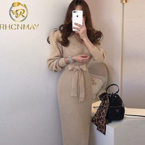 Dnzceghtig Suéter de Mujer Vestido de Punto Falda de Punto Elegante de Invierno $ Vestido de Punto con Corbata Otoño e Invierno Mujer Falda de Punto por encima de la Rodilla con Manga Abullonada