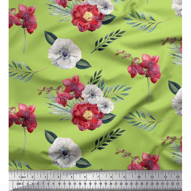 Soimoi Green Poly Georgette Fabric Leaves,Anemone & Peach Floral Decor Fabric Printed BTY 42 Inch Wide