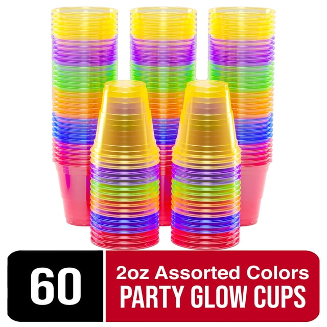 Exquisite 60 Neon Cups - 2 Ounce Shot Glasses for Your Blacklight Party