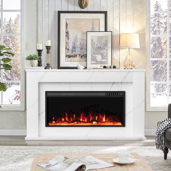 Kincubow Home Electric Fireplace 60 inch with Mantel, 42 inch Replaceable Insert, 3D Flame Effect, Timer, White Marble Finish