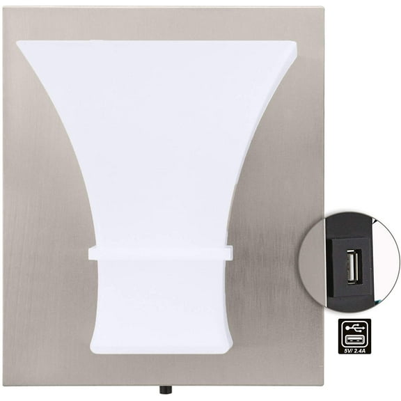 Facon LED Wall Sconce Vanity Bedside Reading Lamp with Switch and USB Charger Socket (5V 2.4A Max Speed), 120V AC, 8W, 600LM, 3000K Warm White Light for Bedroom Room, Living Room, Hotel