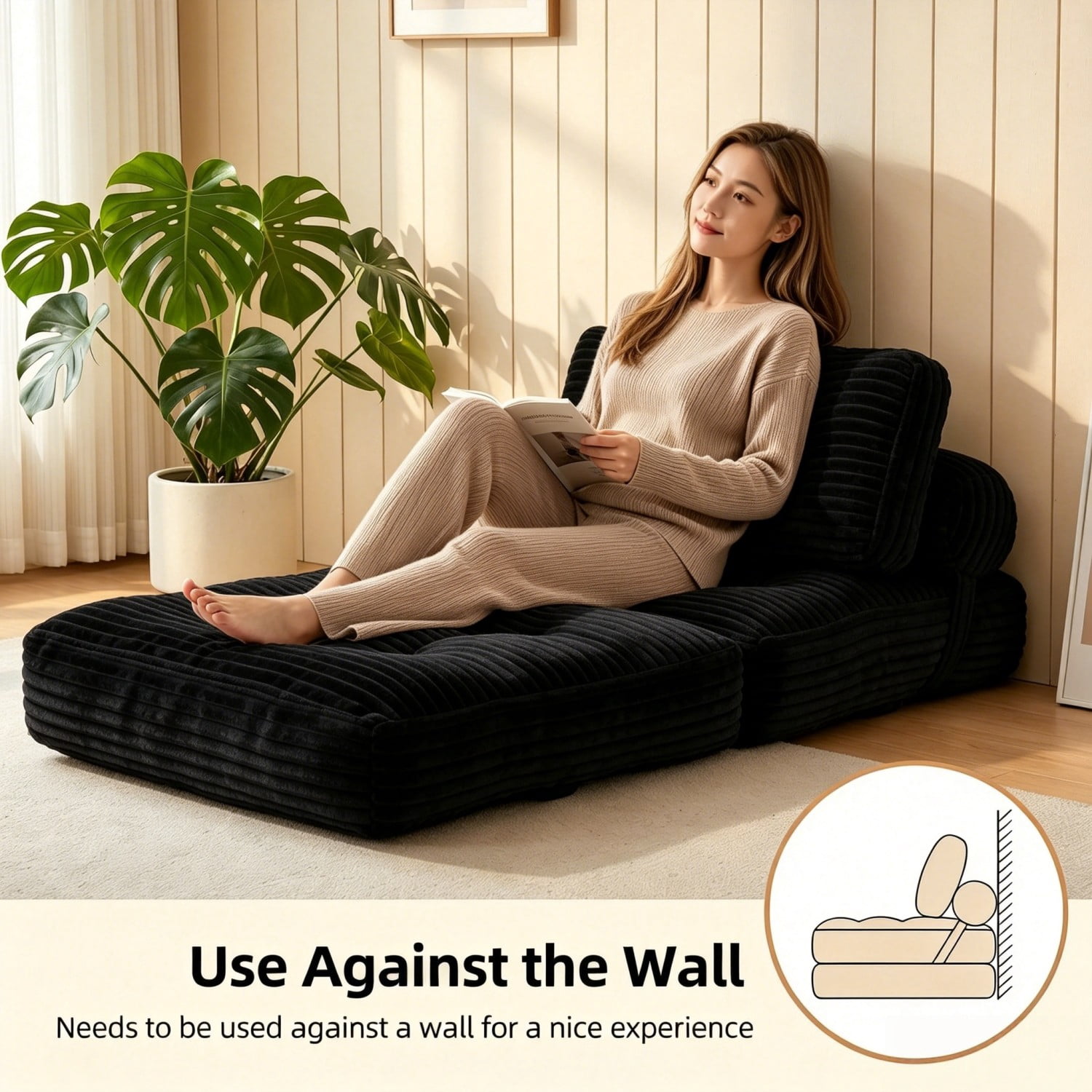 Folding Sofa Bed, Convertible Sleeper Chair with Pillow, Foldable Floor Couch Bed with Back Support, Portable Lounge for Living Room Bedroom, Black