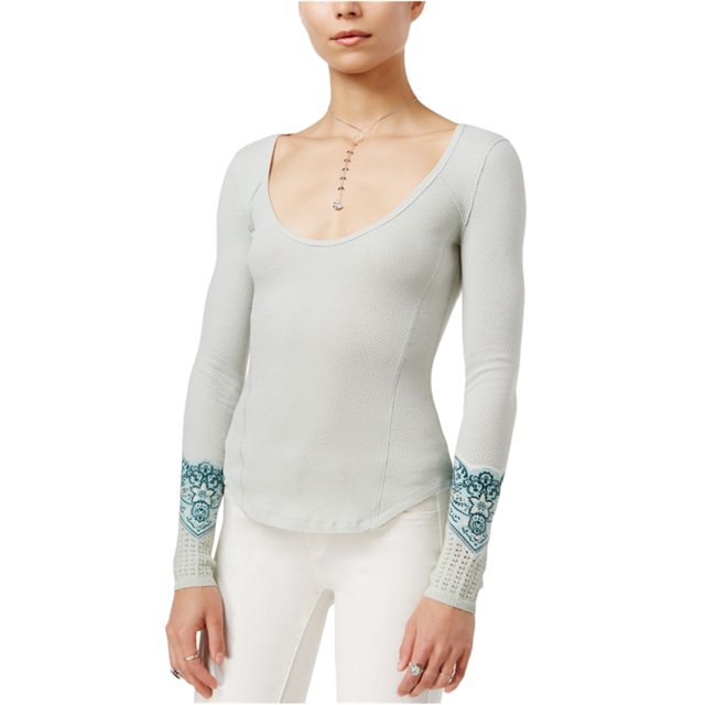 Free People - Camiseta térmica con adornos para mujer, color verde, talla mediana Free People Camiseta adornada