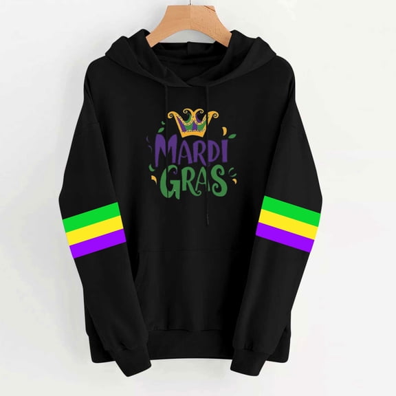 Zedker 2026 Mardi Gras Sweatshirt for Women Long Sleeve Mardi Gras Print Hooded Tops Party Carnival Hoodies with Pockets