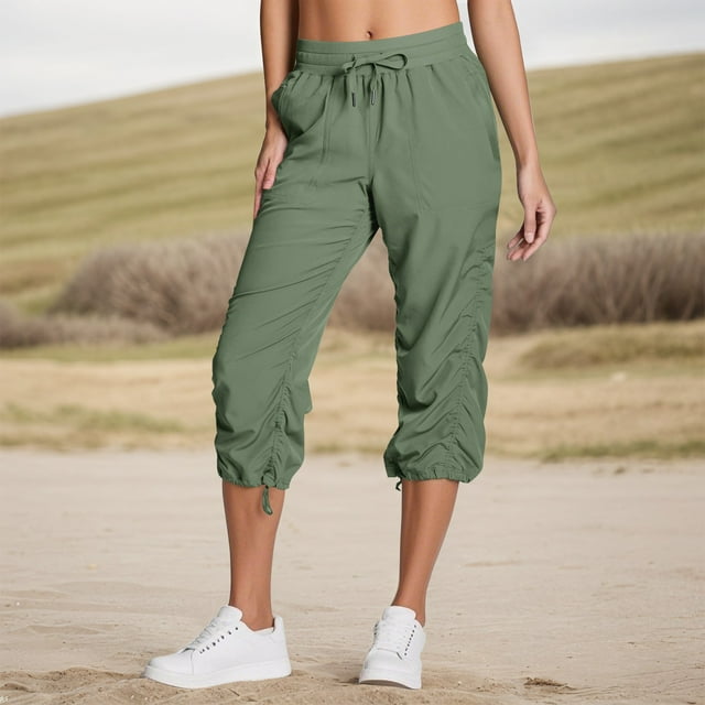 Pantalon Capri pour Femmes, Bas Resserré, Taille Élastique, Pantalon Cargo Léger, à Enfiler, Cordon de Serrage, Respirant, Pantalon Court Ajustable avec Poches, Vert Armée, TG