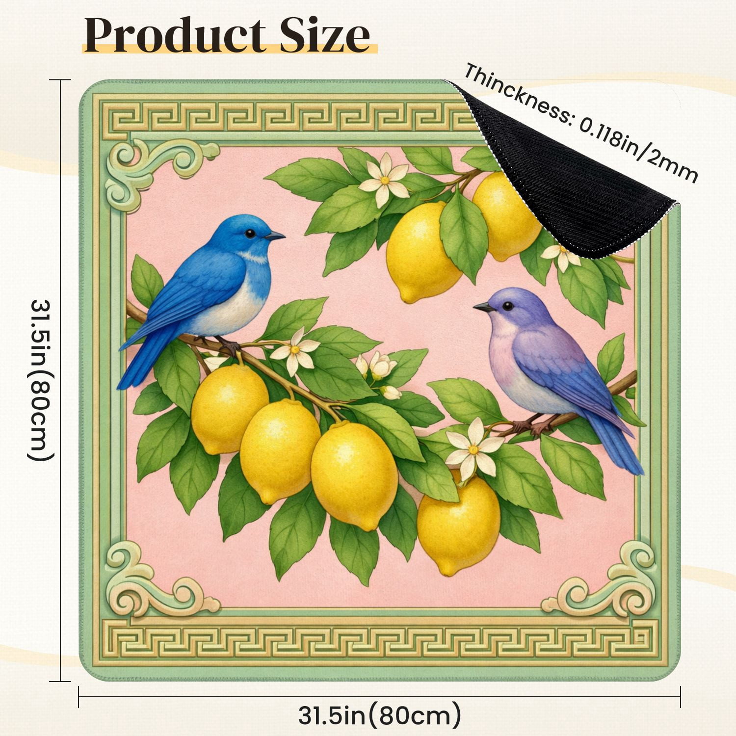 Mahjong Mat 31.5" x 31.5" Blue Purple Birds Lemon Tree Branches Blossoms Pastel Colors Non-Slip Noise Reduction Mahjong Tiles Table Cover for Dominoes Poker Card Board and Tile Games