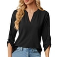 thumbnail image 2 of Lixiuxyad Women's V Neck Button Detail 3/4 Sleeve T Shirt For Casual Wear Floral Cute,Black S, 2 of 7