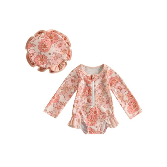 Licupiee Toddler Baby Girl One-Piece Swimsuit Long Sleeve Strawberry Print Rash Guard Bathing Suit Ruffled Swimwear Sun Hat