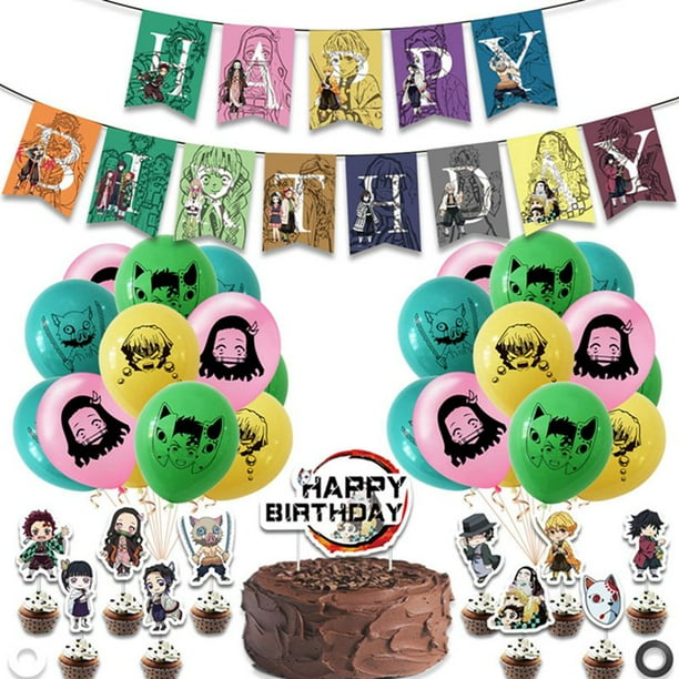 Pwfe Anime Demon Slayer Theme Party Supplies Balloons Set Banner Cake Inserts Cake Topper Birthday Party Decor Walmart Com