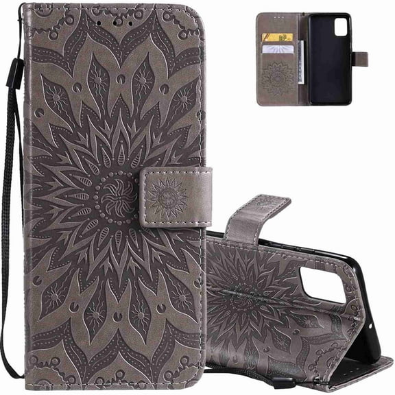 Dteck Galaxy A71 4G Case Full Stylish Embossing Wallet Credit Cards Slot with Stand for PU Leather Shockproof Flip Magnetic Case for Samsung Galaxy A71 Sunflower, gray