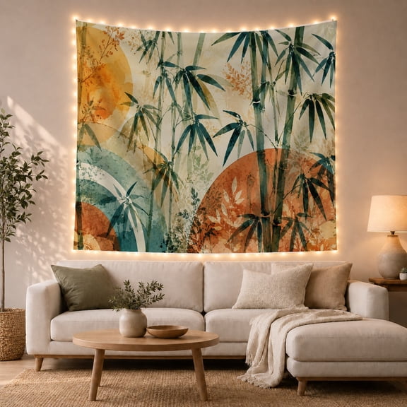Bamboo Botanical Tapestry with Leaves and Coordinated Floral Designs