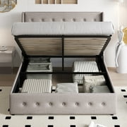 Einfach Queen Size Lift up Platform Storage Bed Frame with Fabric Upholstered Wingback Button Tufted Headboard, Beige