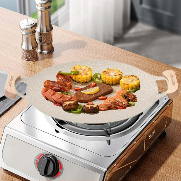 Poêle à Barbecue Coréenne, Revêtement en Pierre Médicale en Fer Antiadhésif, Plaque de Cuisson Coréenne à Haute conductivité Thermique, Réutilisable pour la Cuisine (25CM