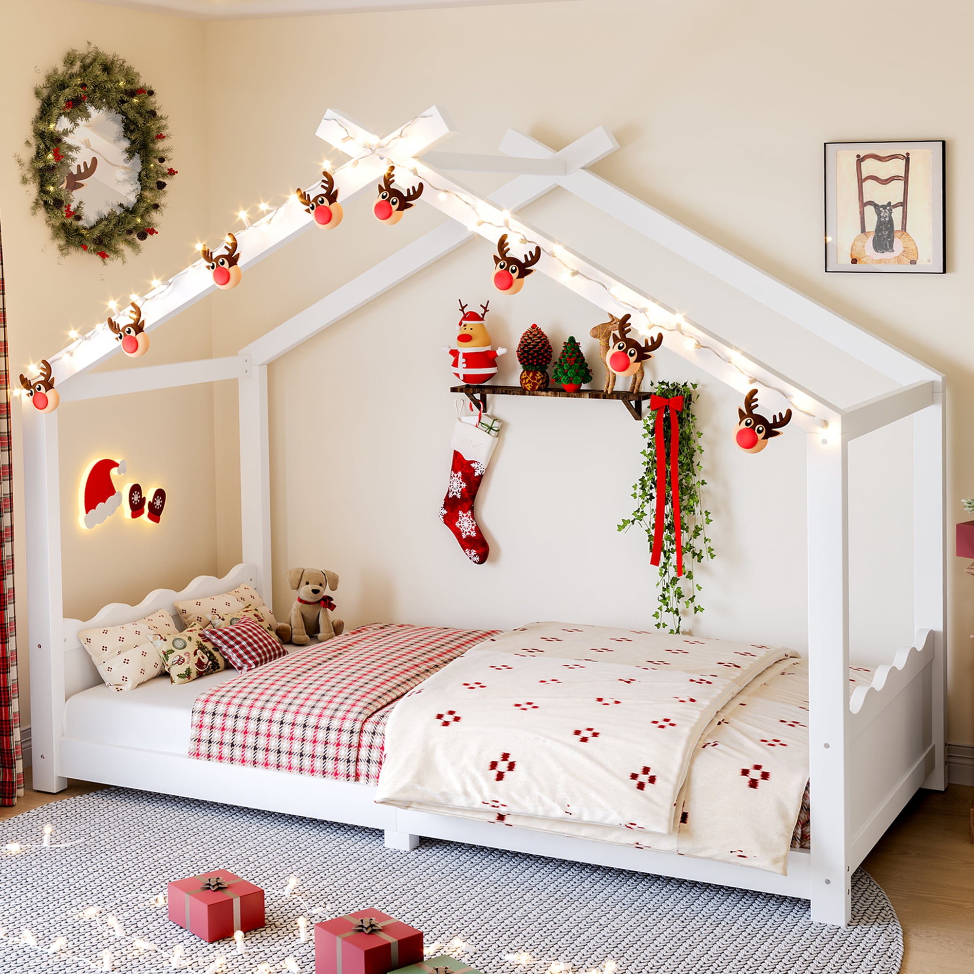 Leumius Twin Size House Shape Bed,Montessori House Bed Solid Wood Floor Bed for Kids,No Box Spring Needed,Light White