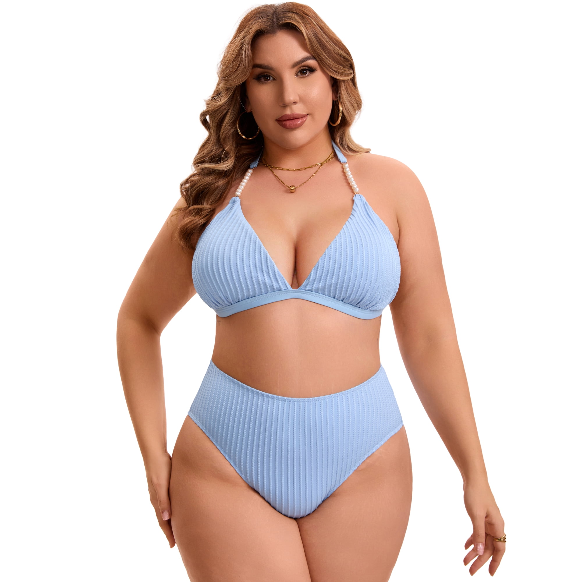 DARING DIVA Women's Plus Ribbed Halter Pearl Strap Top High Waisted Shorts 3X Light Blue