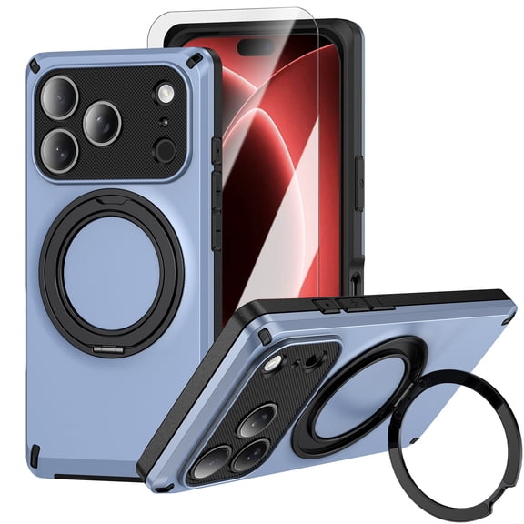 Dteck Magnetic Case with Tempered Glass Screen Protector for iPhone 18 Pro, 360° Rotating Ring Stand Holder Compatible with MagSafe, Shockproof PC TPU Protective Cover,Iceblue