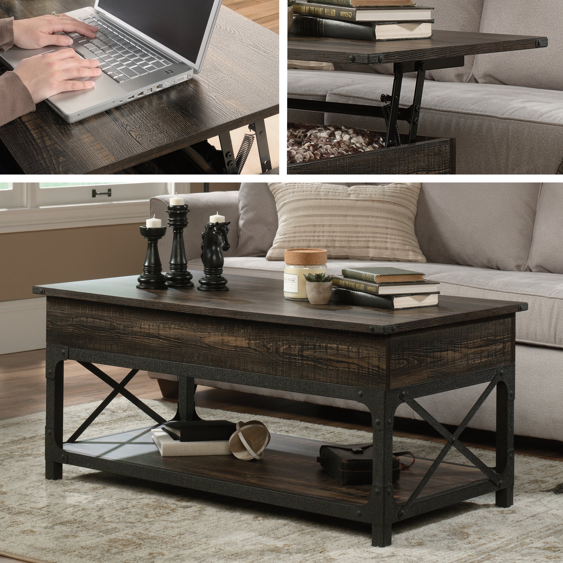 Sauder Steel River Rustic Lift Top Coffee Table with Shelf Storage