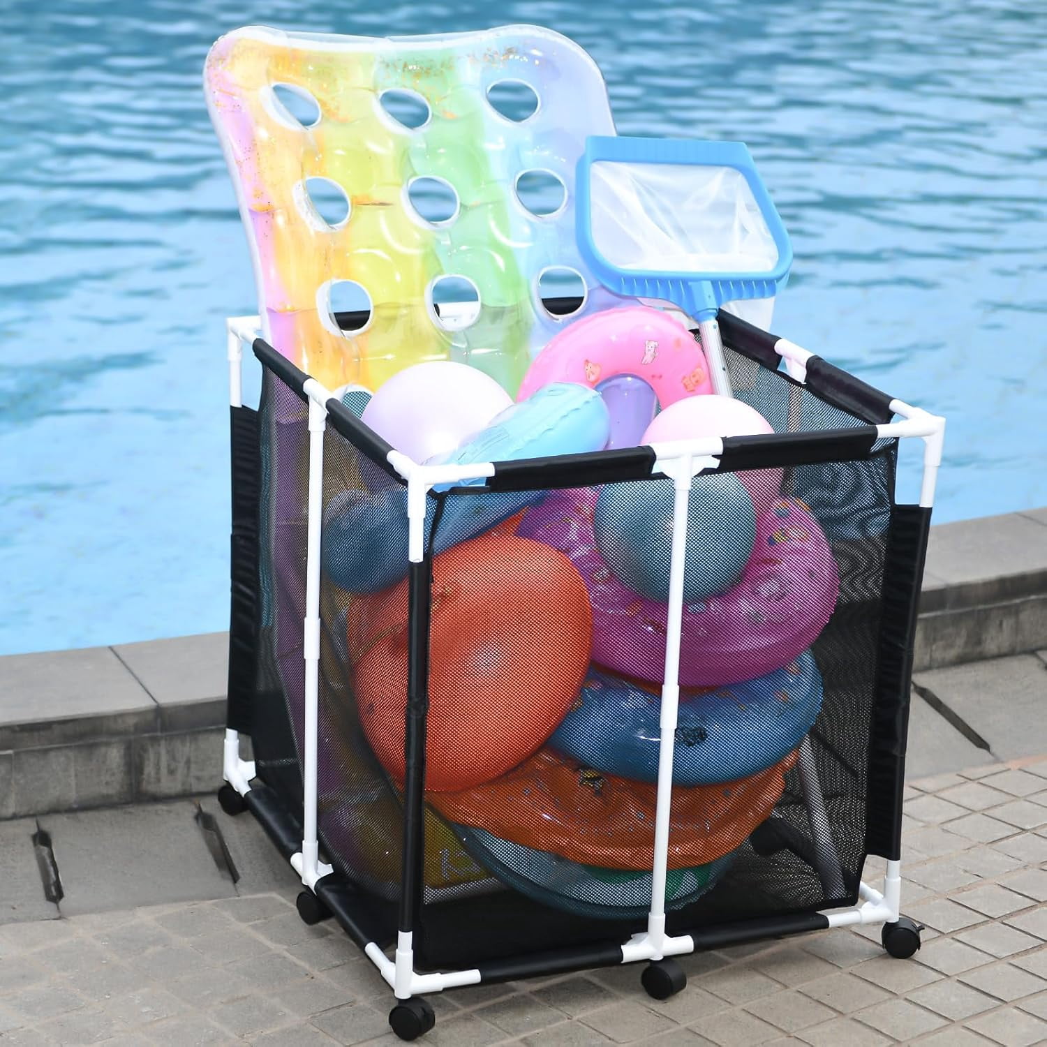 Pool Storage Bin, Outdoor Storage Organizer for Pool Float Toys, Noodles, Balls, Towels & More, Rolling Large Mesh Poolside Holder