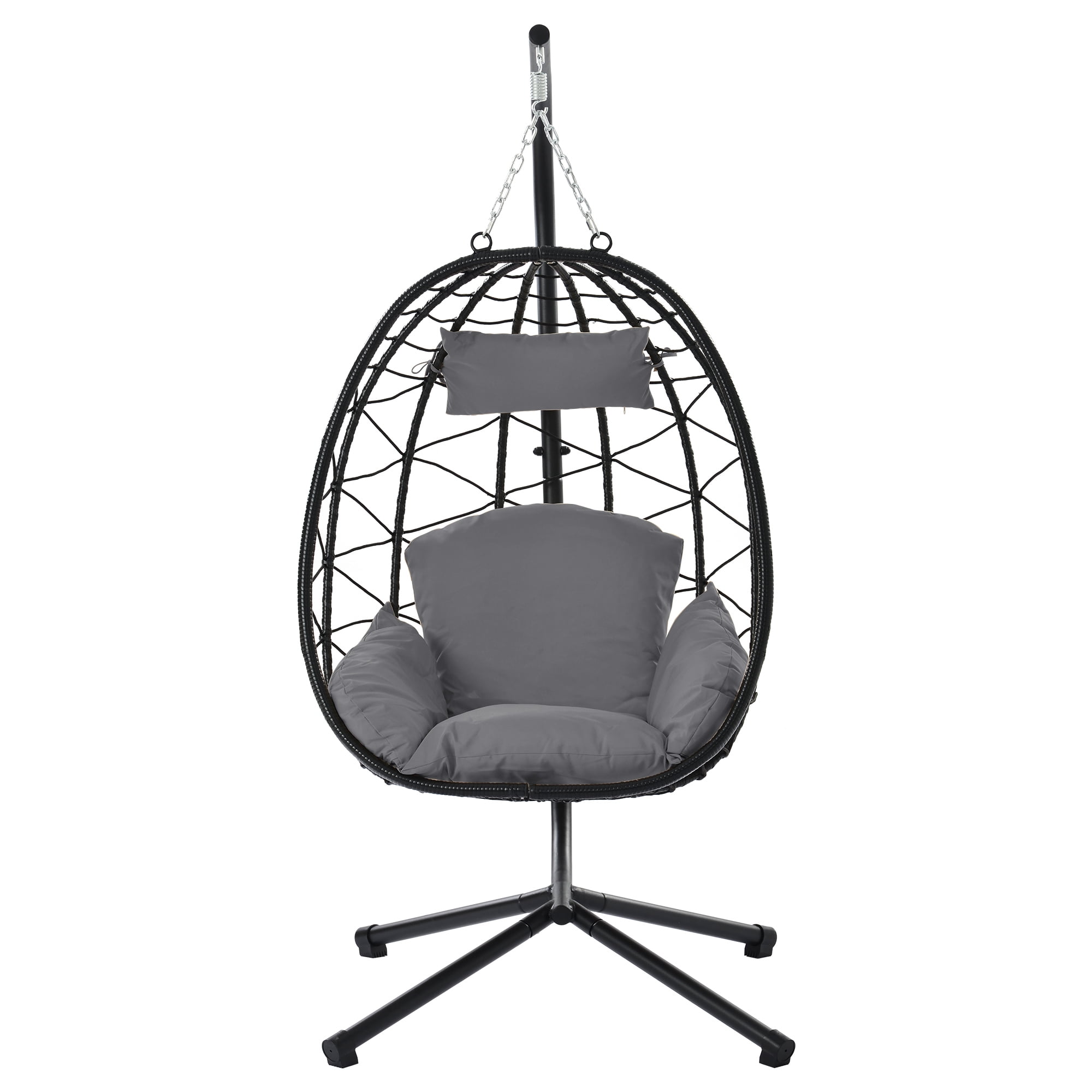 Egg Chair with Stand, Indoor Outdoor PE Wicker Hanging Egg Chair, Patio Swing Chair Basket Chair Hammock Chair with Stand for Bedroom Living Room Balcony, Dark Gray