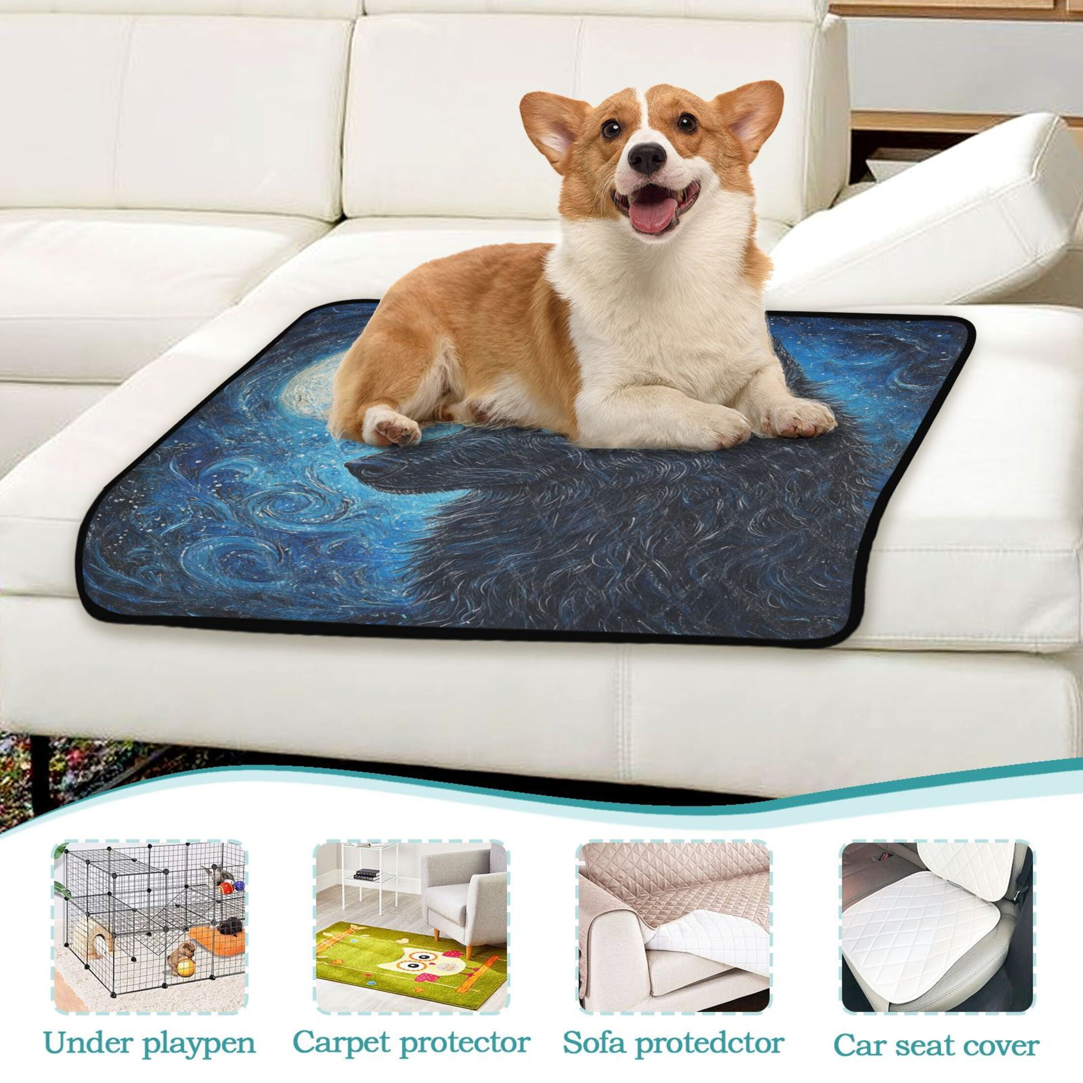 Qxltty Cool Black Wolf Cat litter Pads Pet Set of 3 Diaper Mats Center Anti-leakage Layer Absorbent Soft and Comfortable