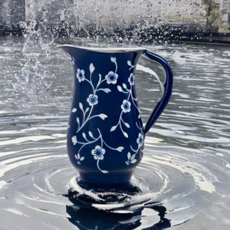 Hand Painted Water Pitcher - Decorative Vase Metal Jug-Blue 