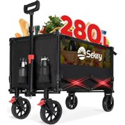 Sekey 330lbs Collapsible Foldable Wagon, 280L Large Capacity, Heavy Duty Folding Utility Beach Garden Cart with Big All-Terrain Wheels & Drink Holders (Black)