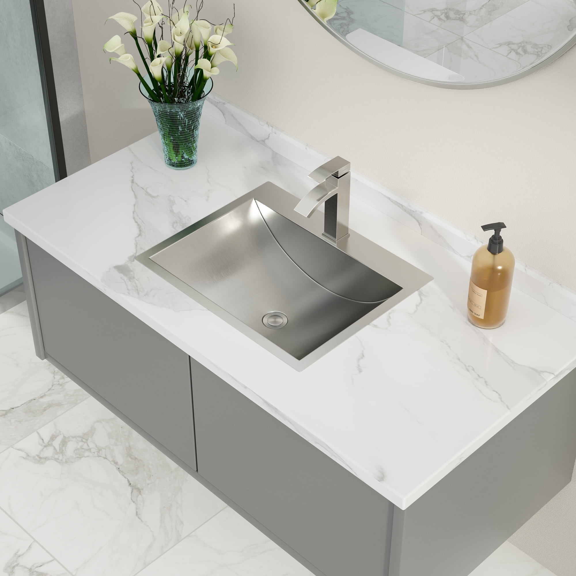 Logmey Stainless Steel Bathroom Sink Single Hole 21x17 Inch Drop-In Brushed Nickel Bathroom Vanity Basin with Pop-Up Drain