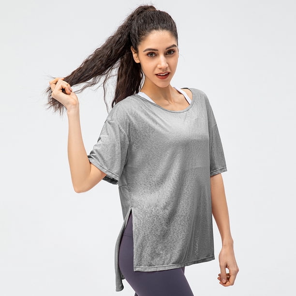 Blusa deportiva holgada para mujer, ligera, transpirable, para correr, con abertura, de secado rápido, para yoga, de manga corta, moderna y hermosa