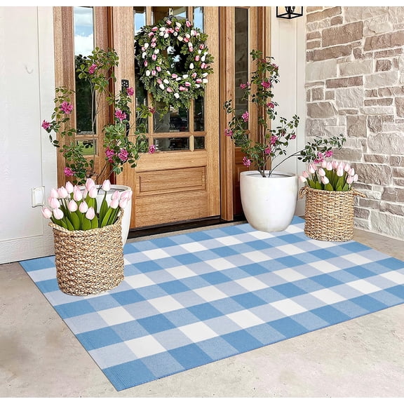 Voguly Blue White Buffalo Plaid Outdoor Rug 3x5 Ft Washable Woven Farmhouse Porch Mat Entryway Patio Welcome Door Mat 36x60
