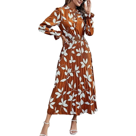 PRETTYGARDEN Women's Spring Fall Midi Dress Casual Long Sleeve V Neck Swiss Dot Pleated A Line Flowy Dresses