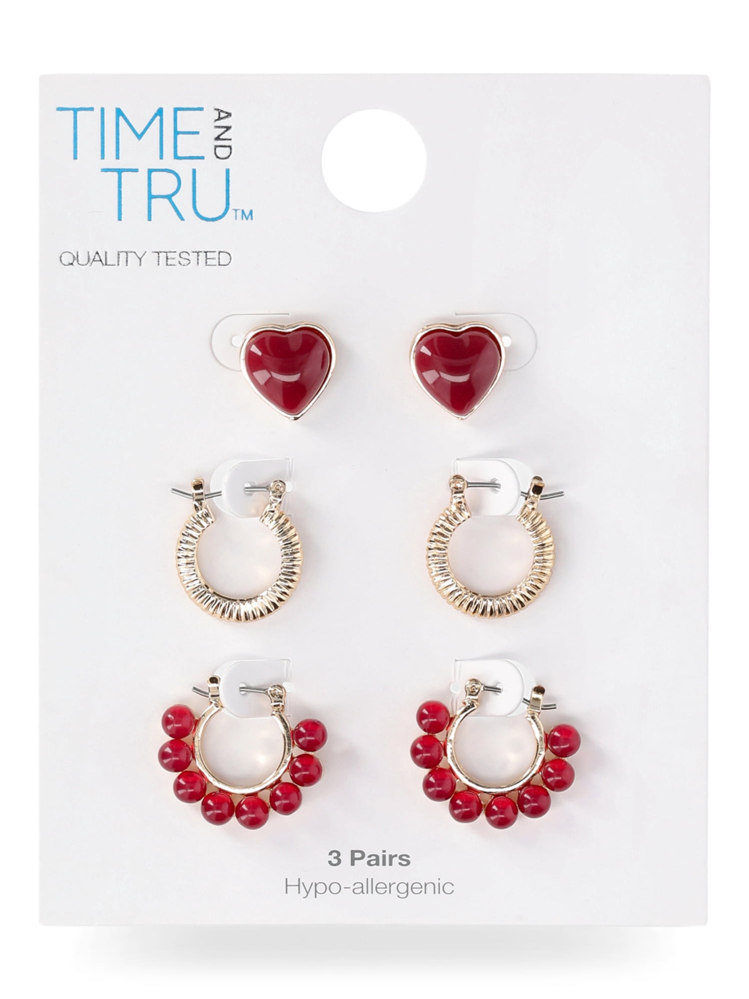 Time and Tru Women's Trio Heart and Hoop Earring Set, 3 Pair, Wine Heart Shaped Stud, Gold Metal Hoop, Wine Scalloped Edge Hoop