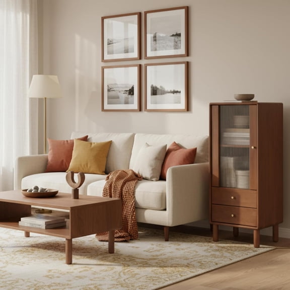 100% Solid Wood Storage Cabinet with Glass Doors and Drawers, Buffet Cabinet with Drawers, for Living Room, Reading Room, Kitchen (14" D x 15" W x 37" H)