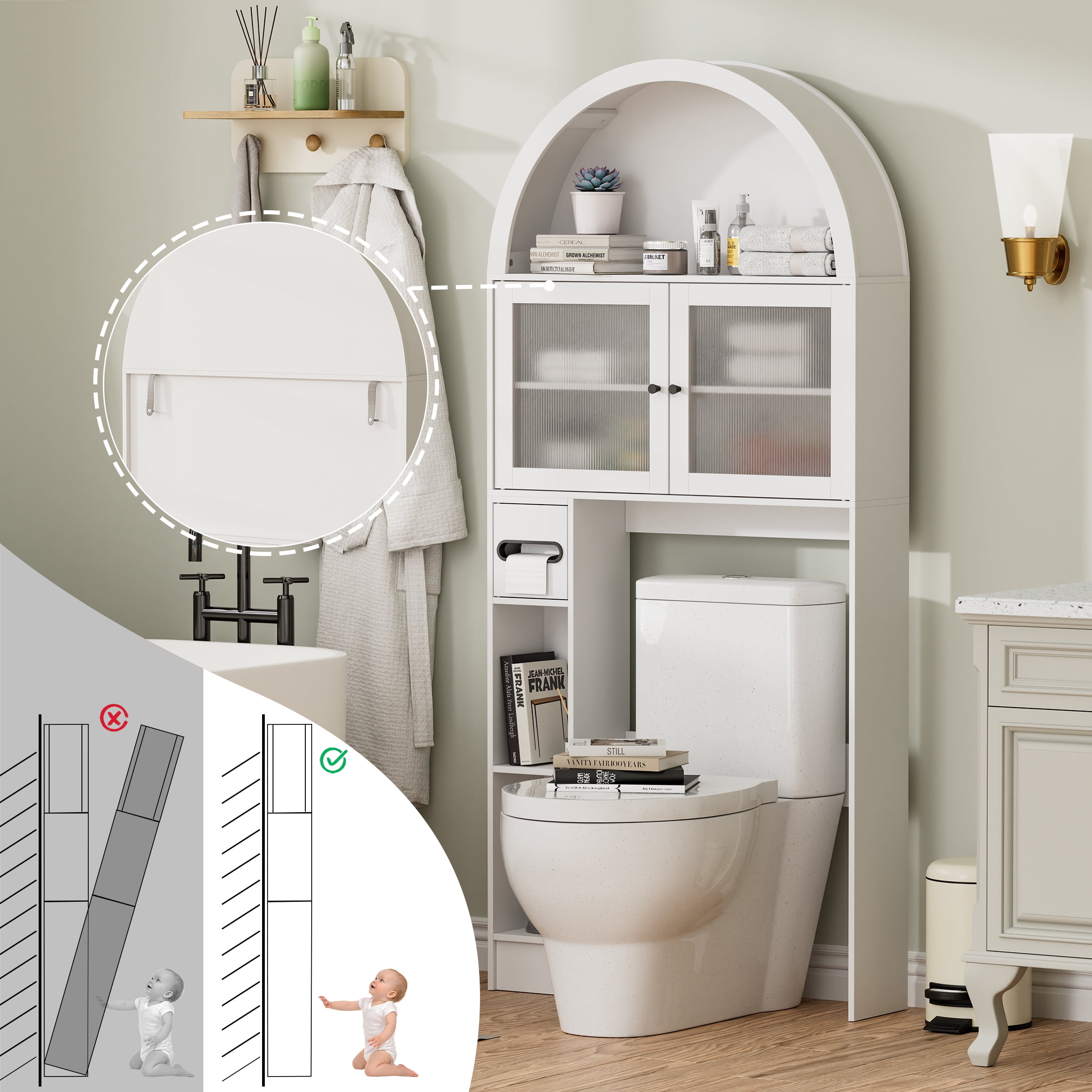 Over The Toilet Storage Cabinet, Over Toilet Cabinet 3-Tier Adjustable Shelves with Acrylic Doors, Freestanding Bathroom Organizer for Toiletries & Towels, Modern Arched Design White