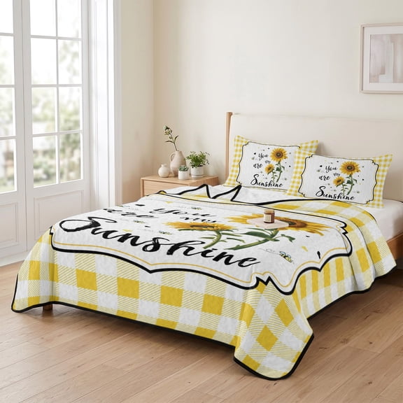 3 Piece Summer Bed Quilt Set Queen Size,Country Sunflower My Sunshine Floral Lightweight Bedspread Coverlet with 2 Pillowcases Buffalo Yellow and White Plaid Soft Bedding Quilts for All Season